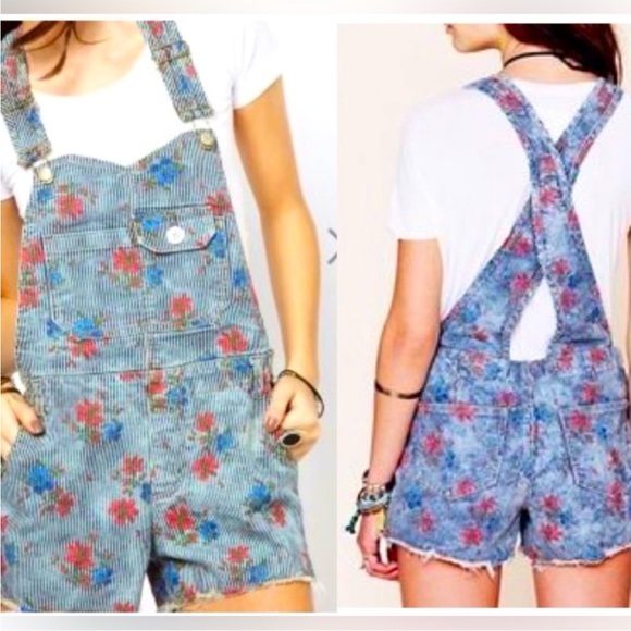 NWOT Free People Railroad Floral Print Denim Overalls Jumpsuit Size 8 - Picture 4 of 12